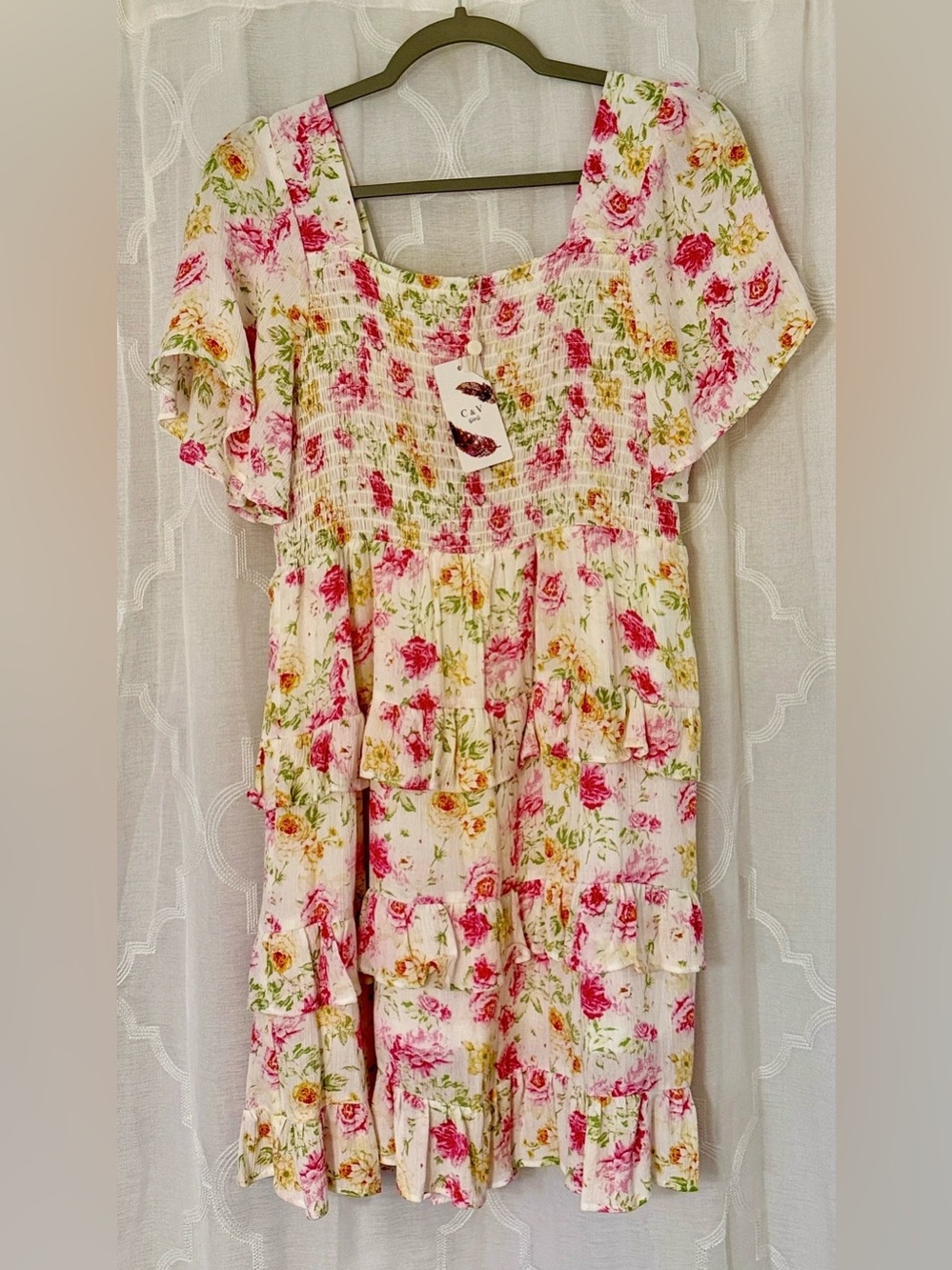 NWT C&V Girls Smocked Floral Tiered Kids Dress - Pink & Cream XL (16)